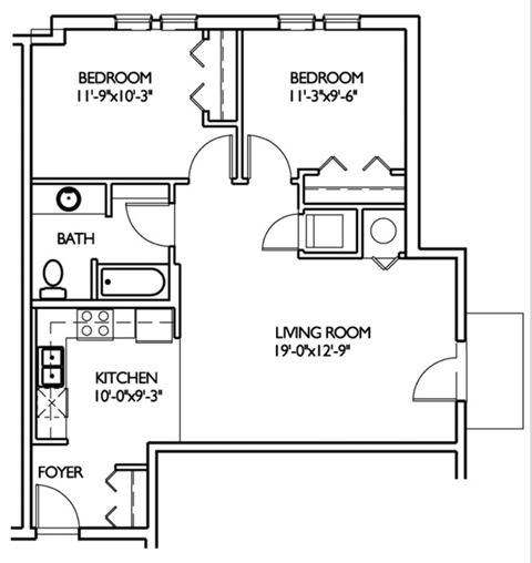 Floor plan for 2 beds, 1 bath, 835 sqft